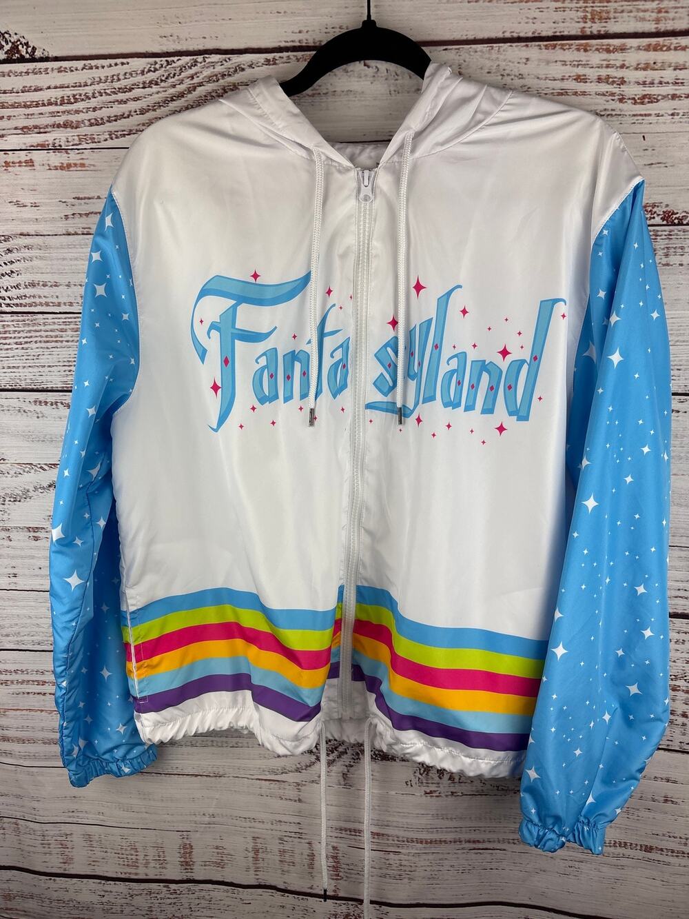 Disney Parks Fantasyland Full Zip Hooded Jacket Windbreaker White Blue Womens L